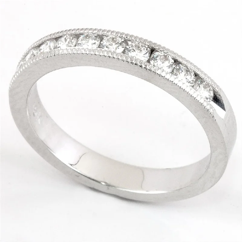 Adjustable Silver Rings-Channel Set Diamond Milgrain Wedding Band Anniversary Ring 1/2 Way 18K .1/3 carat