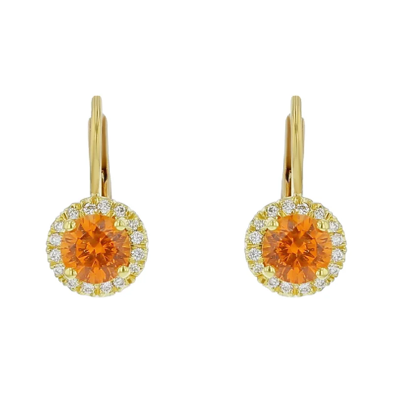 Silver and Gold Earrings-Mandarin Garnet and Diamond Halo Drop Earrings