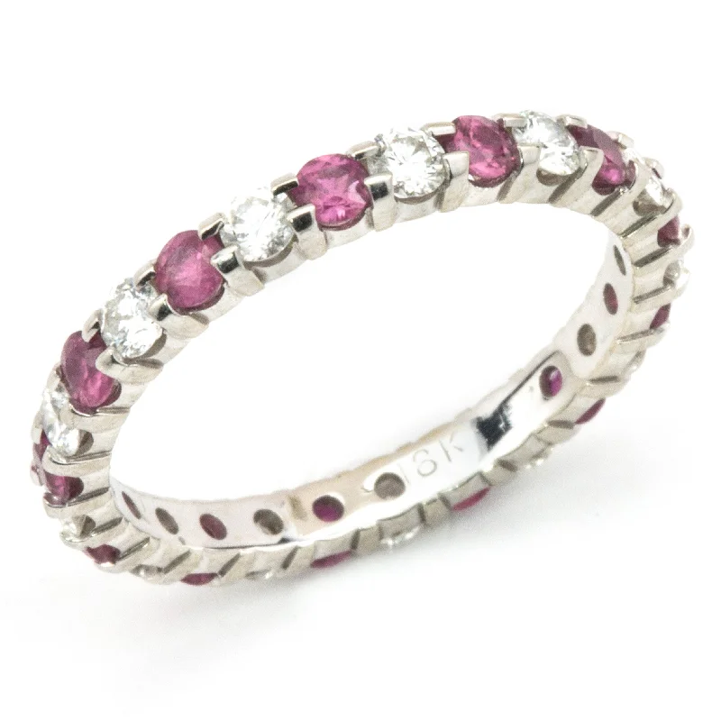 Wedding Ring Sets-Diamond & Pink Sapphire Eternity Wedding Band Anniversary Ring 18K White Gold