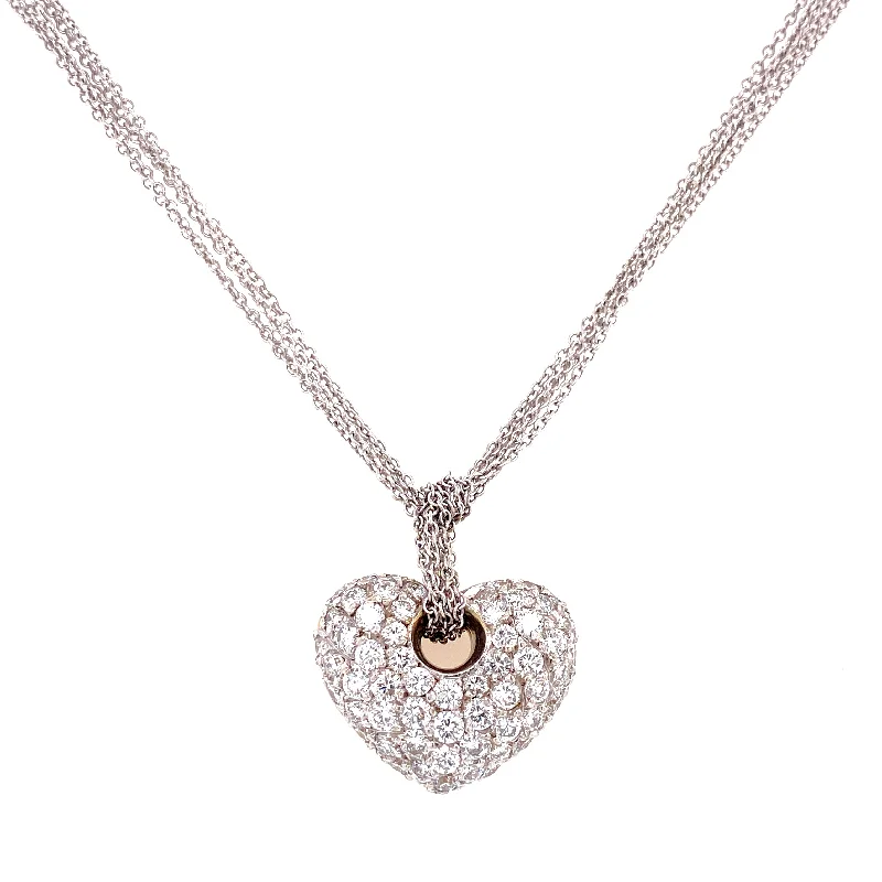 Sapphire Necklaces-18K White & Yellow Diamond Puffed Heart Pendant + Multi Cable Chain