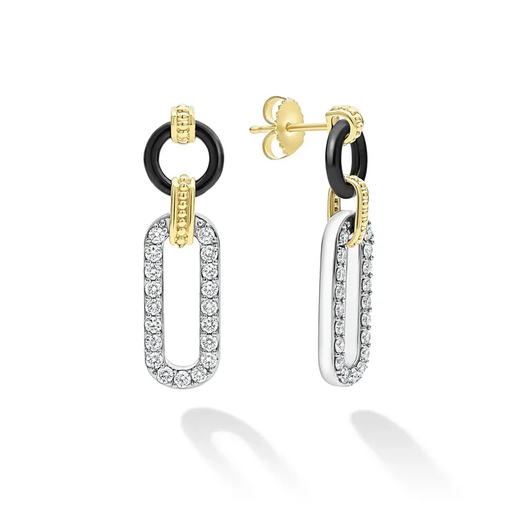 Contemporary Earrings-Caviar Black Ceramic and Diamond 32x9mm Oval Link Drop Earrings in Sterling Silver and 18K Yellow Gold