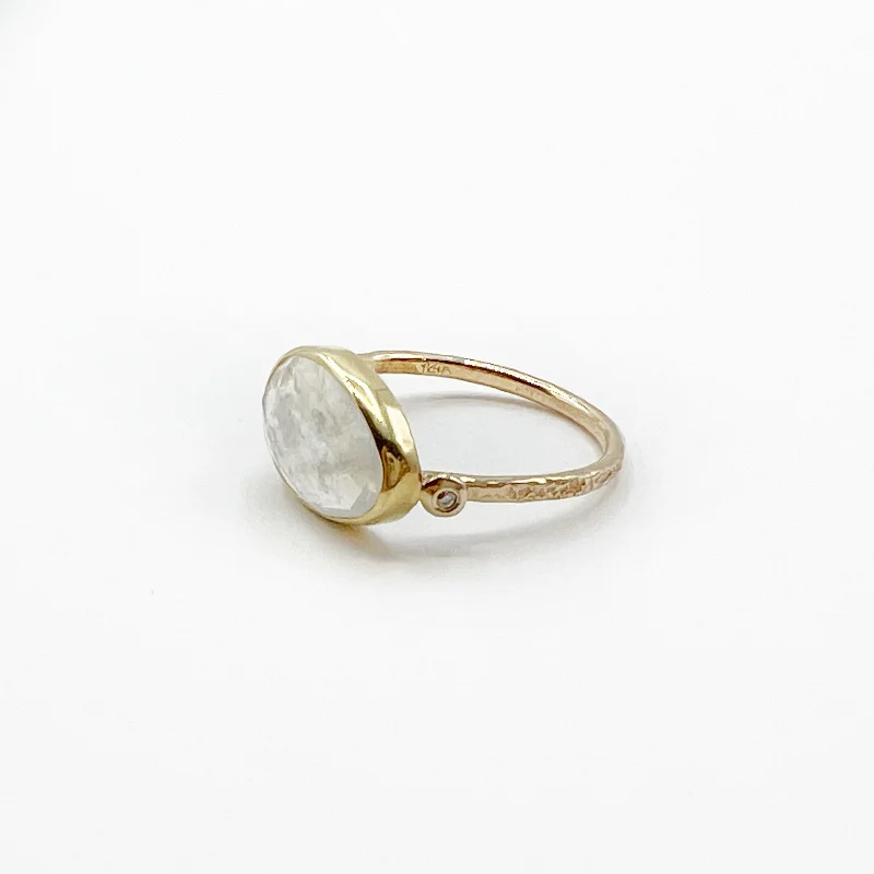 Heart Rings-Pear Shaped Rose Cut Moonstone set in 14 Karat Yellow Gold with 18 Karat Yellow Gold Bezel Diamond Ring