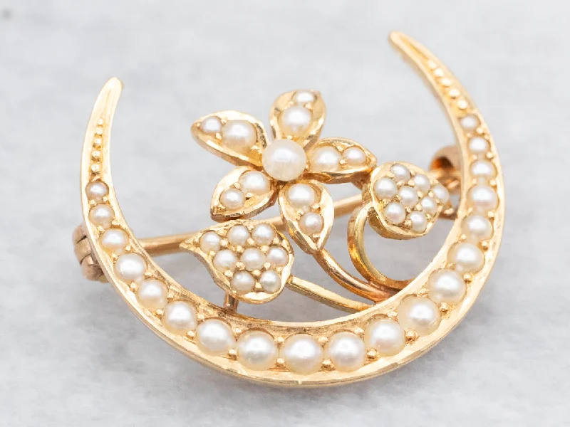 Sparkling Gold Brooch-Art Nouveau Seed Pearl Moon and Flower Brooch