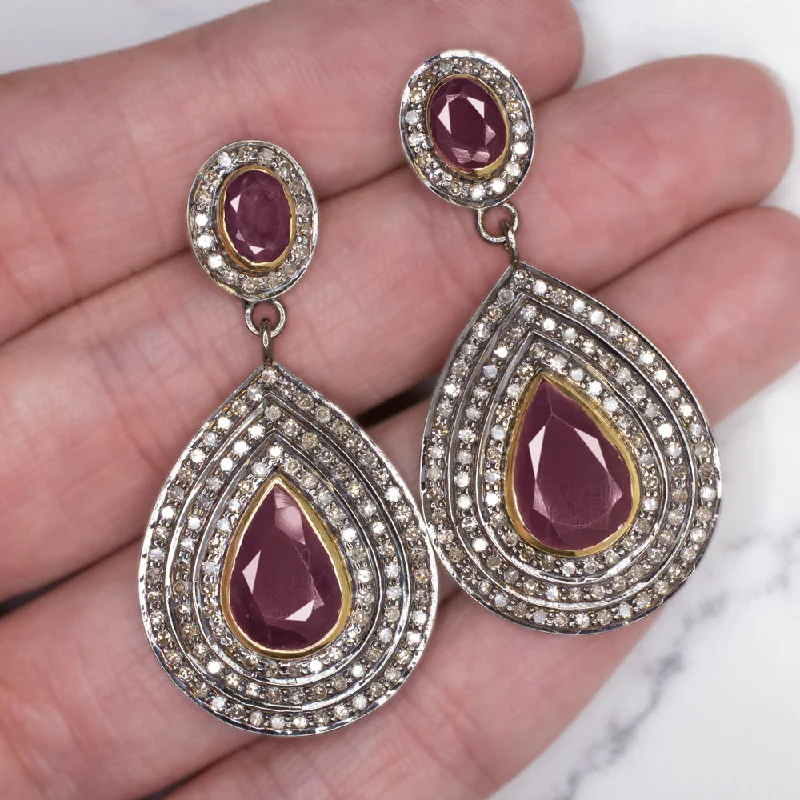 Unique Gemstone Earrings-NATURAL DIAMOND RUBY EARRINGS STATEMENT DROP DANGLE PEAR SHAPE TEARDROP RED BIG