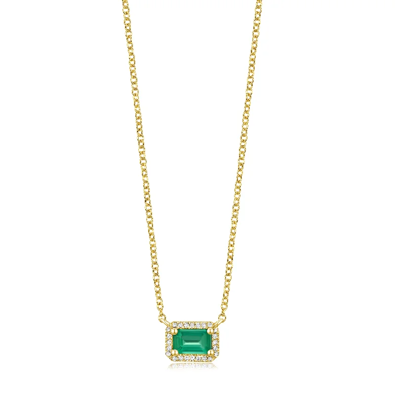 Gemstone Necklaces-14K Yellow Gold Diamond  Halo + Emerald Necklace