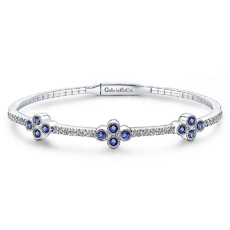 Round-Shaped Bangles-Gabriel & Co. 14k White Gold Bangle With Diamond And Sapphire Quatrefoil Stations