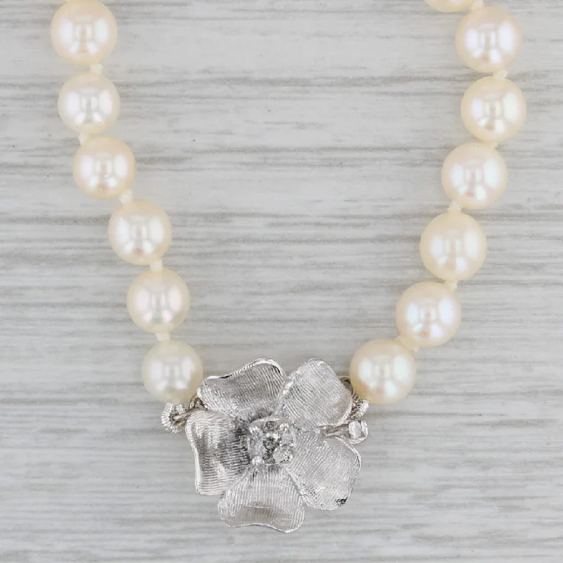 Gold-Plated Necklaces-Diamond Flower Cultured Pearl Bead Strand Necklace 14k White Gold 19.75"