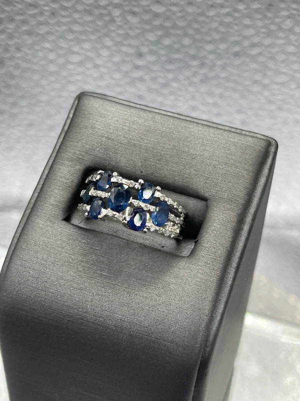 Cross Rings-Ladies 14 Karat White Gold Diamond and Sapphire Cocktail Ring