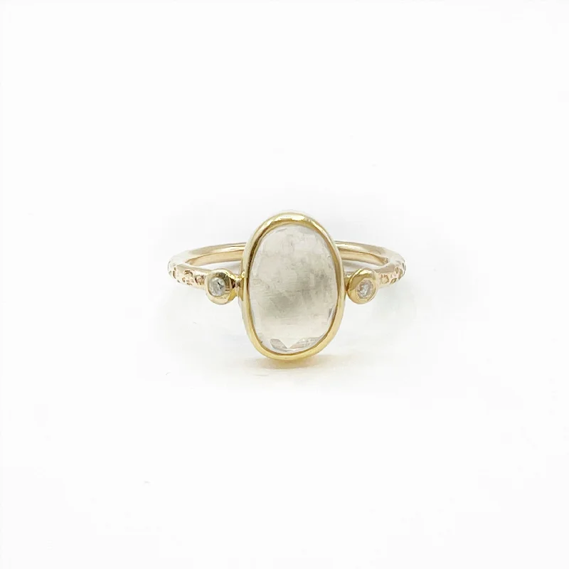 Cross Rings-Oval Moonstone 14 Karat Yellow Gold Hammered Diamond Ring