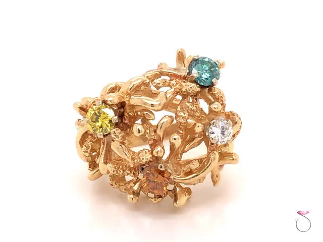 Statement Rings-Coral Design Fancy Color Diamond Ring in 14k Yellow Gold