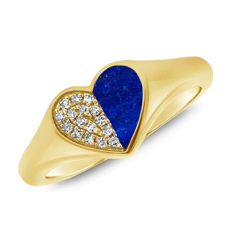 Personalized Rings-Bold Heart Pinky Ring with Lapis Lazuli and Diamonds in 14K Gold