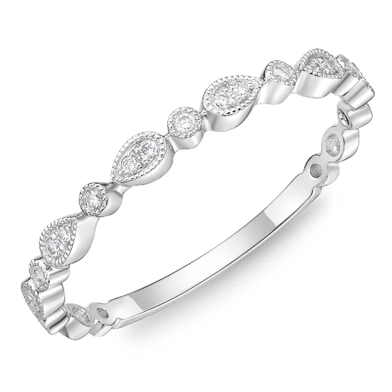 Antique Rings-Memoire 18k White Gold Vintage Pear Illusion and Round Stackable Diamond Band