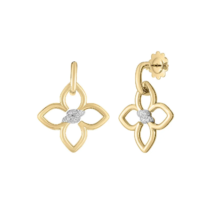 Diamond Drop Earrings-18K Yellow and White Gold Diamond Flower Drop Earrings