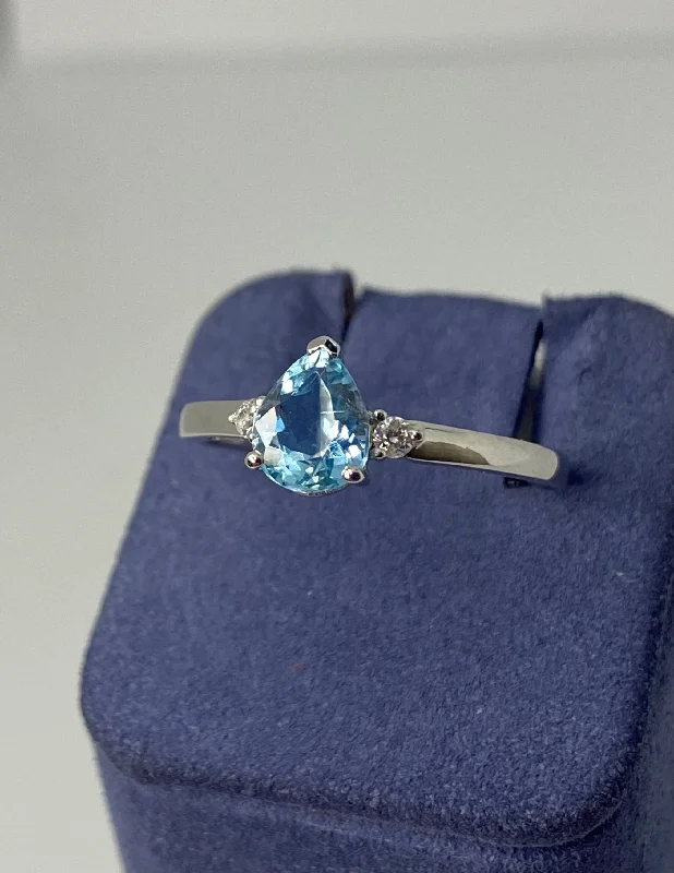 Engagement Rings with Diamonds-White Gold Pear-Shape Natural Aquamarine and Diamond Ring