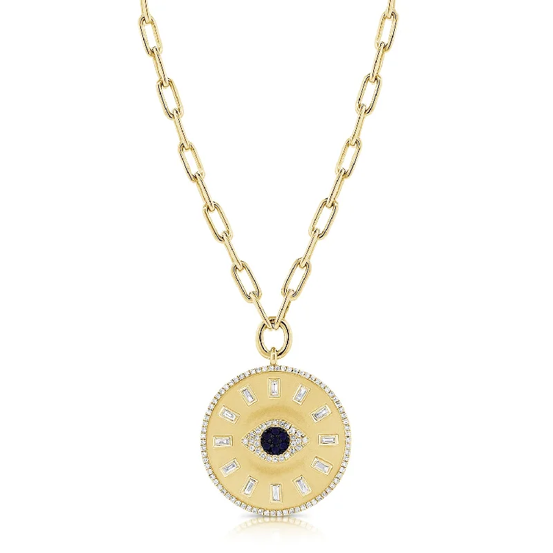 Statement Necklaces-14K Yellow Gold Diamond + Sapphire Evil Eye Coin Necklace