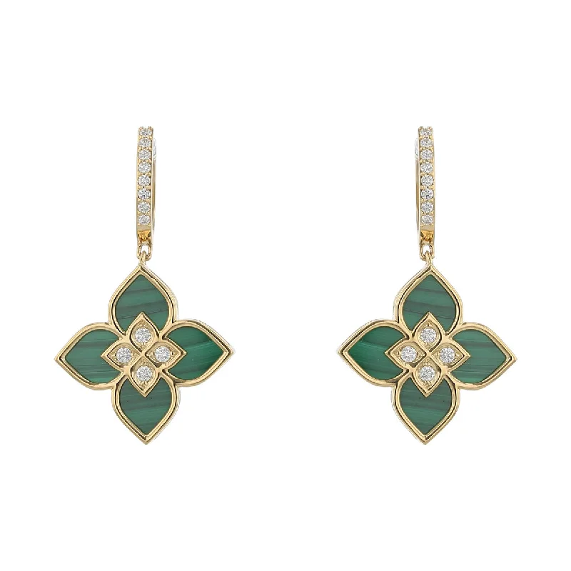 Jade Earrings-18K Yellow Gold Malachinte and Diamond Drop Earrings