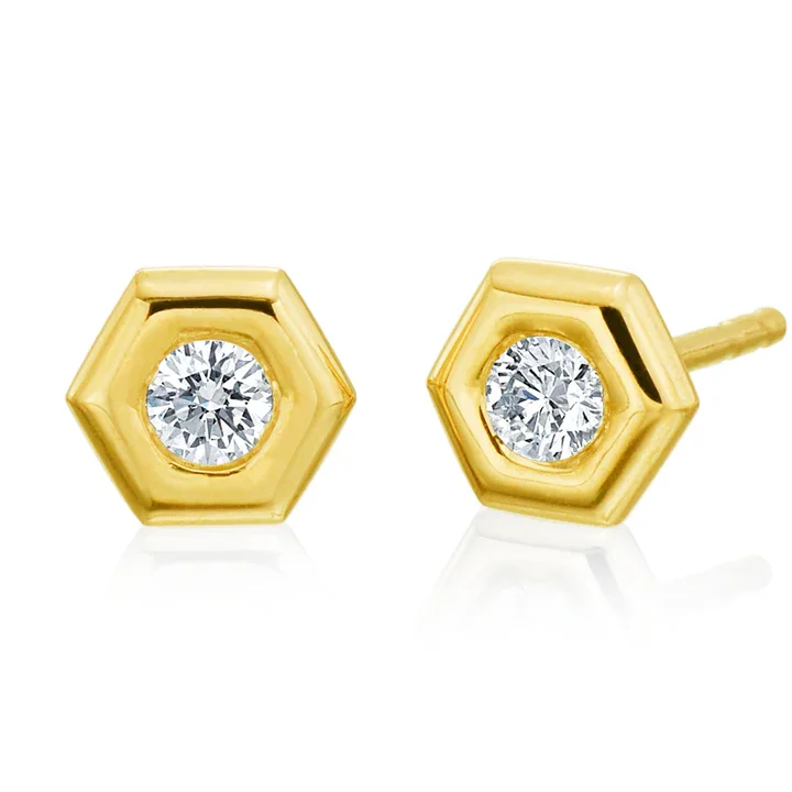 White Earrings-Mini Diamond Hexagon Stud Earrings in 18K Yellow Gold