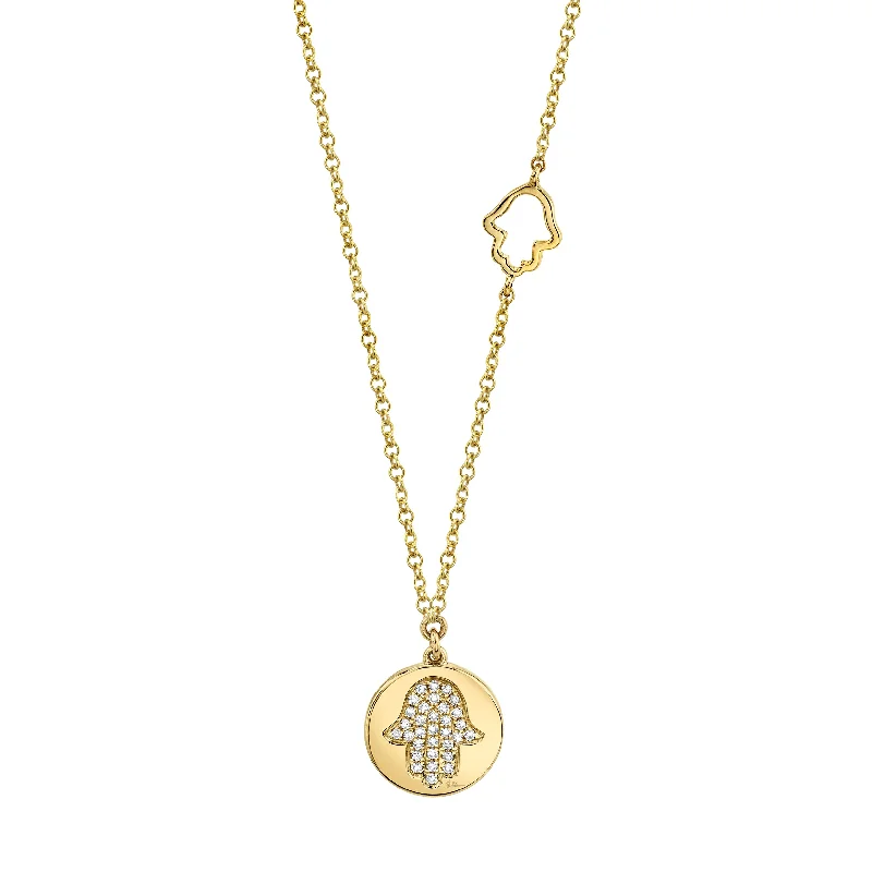 Multi-Strand Necklaces-14K Yellow Gold Diamond Hamsa Disc Necklace