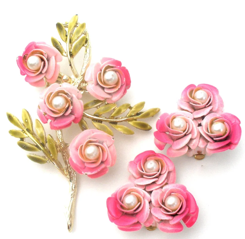 Designer Brooch for Women-Pink Enamel Pearl Flower Brooch Set