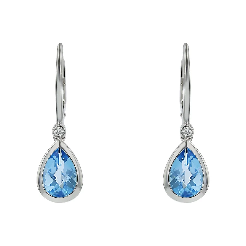 Garnet Earrings-Pear Blue Topaz and Diamond Drop Earrings in 14K White Gold