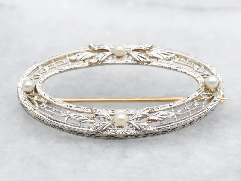 Vintage Gold Brooch-Art Deco Seed Pearl Filigree Brooch