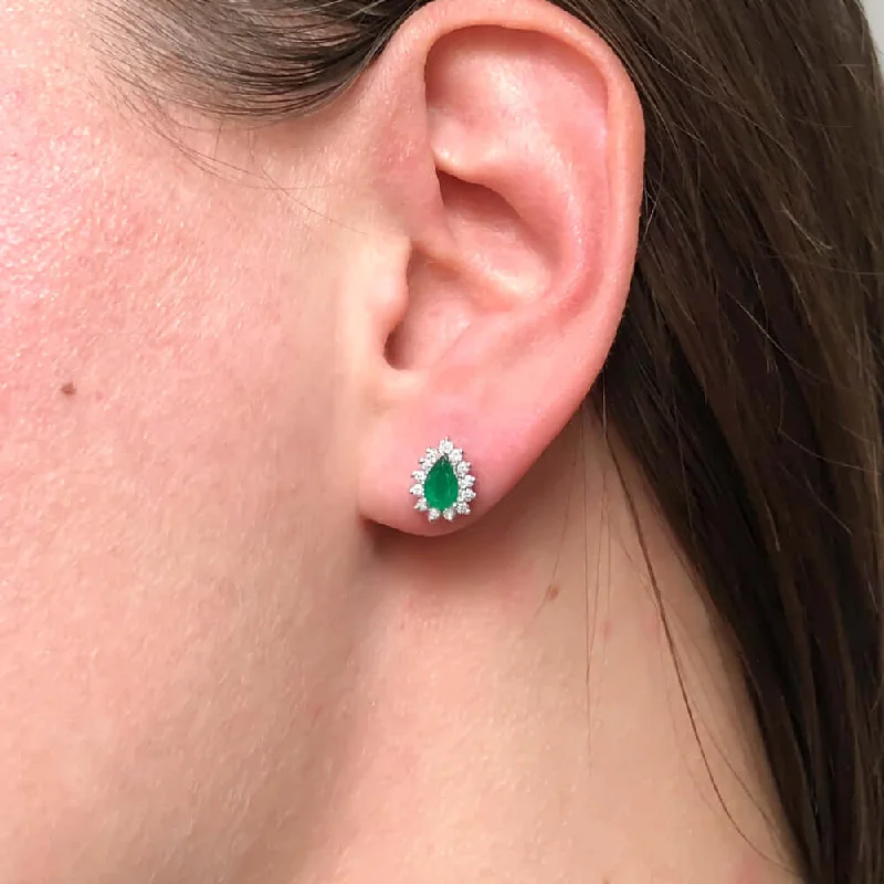 Enamel Earrings-EMERALD DIAMOND STUD EARRINGS WHITE GOLD TEARDROP PEAR HALO JEWELRY