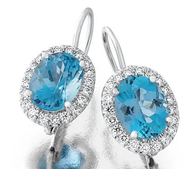 Art Deco Earrings-3.85Ct 2 Oval Aquamarine and 0.47Ct 54 Full Cut Diamond Halo Drop Earrings in Platinum