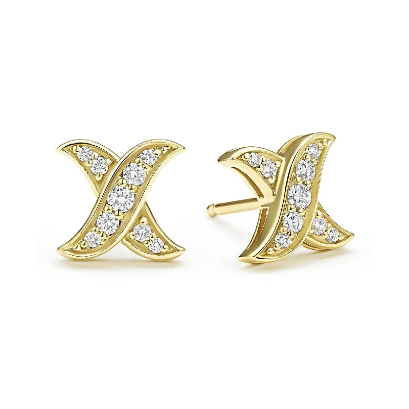 Gold Filigree Earrings-18K Gold X Diamond Stud Earrings