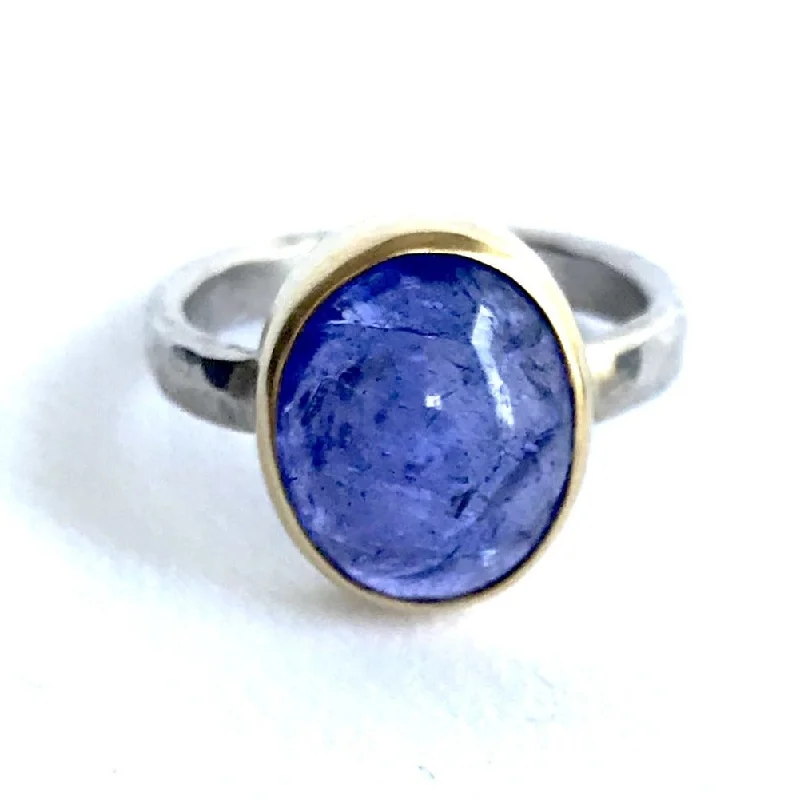 Wedding Set Rings-Large Oval Tanzanite Ring in 14K Yellow Gold and Sterling Silver