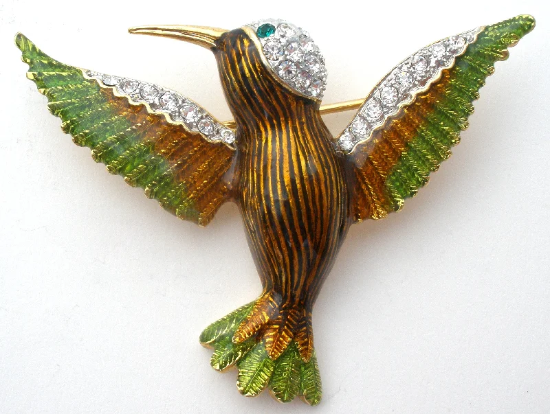 Unique Gold Brooch-Guilloche Enamel Hummingbird Brooch Pin