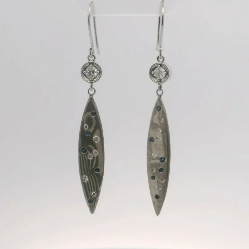 Bold Earrings-Mokume Gane Diamond and Sapphire Dangle Earrings