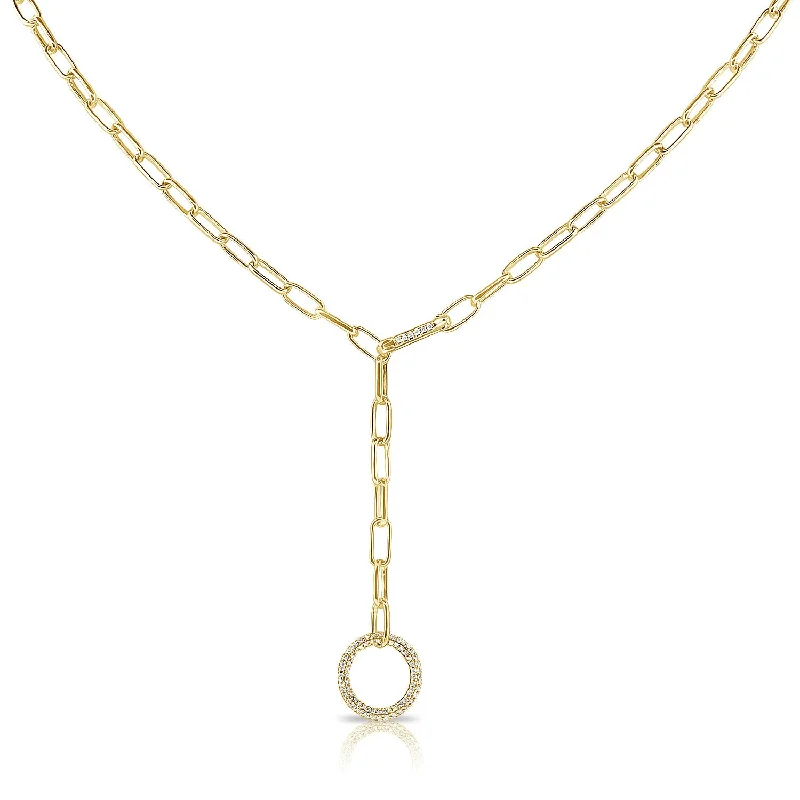 Thin Necklaces-14K Yellow Gold Diamond Pave Circle "Y" Necklace