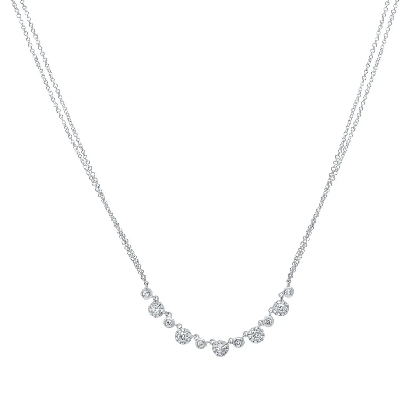 Crystal Chain Necklaces-14K White Gold Alternating Diamond Halo Necklace with Double Chain