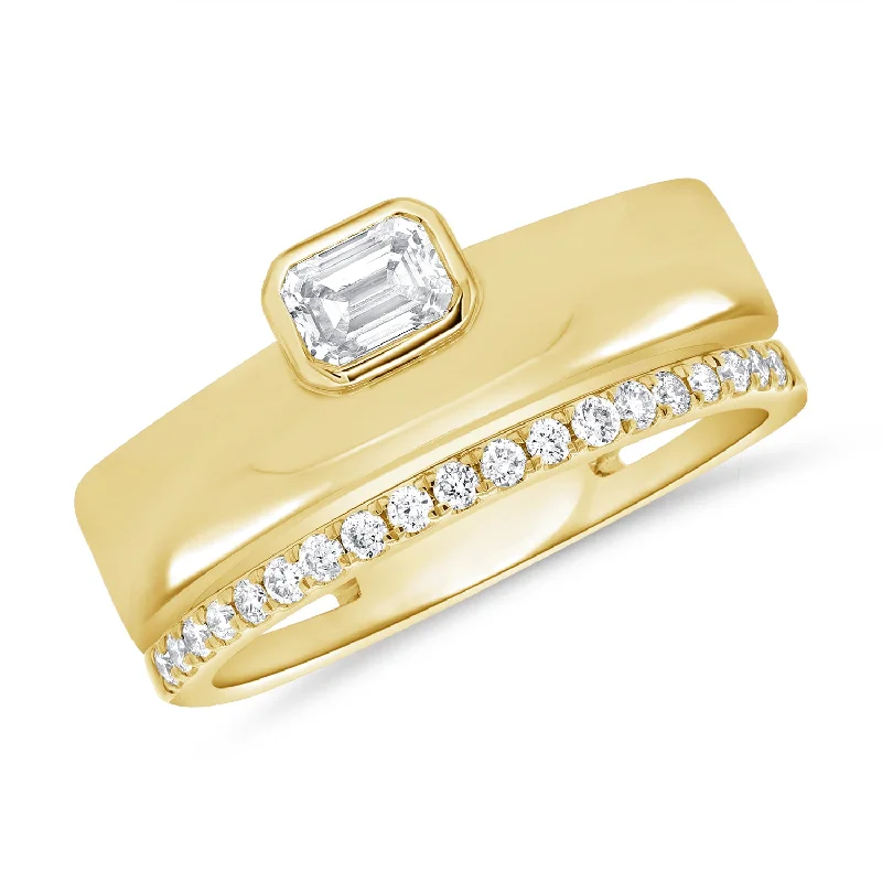 Silver Wedding Rings-Sleek 14K Gold Emerald-Cut & Round Diamond Ring