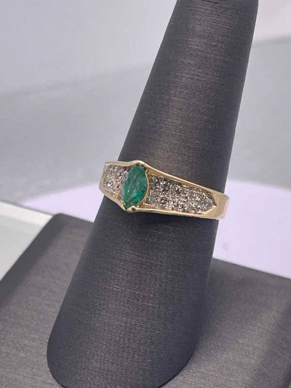 Platinum Rings-Ladies 14 Karat Yellow Gold Marquise Emerald & Diamond Ring