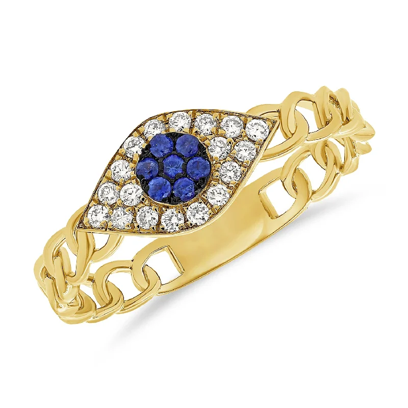 Vintage Engagement Rings-Bold Evil Eye Chain Ring with Sapphires & Diamonds