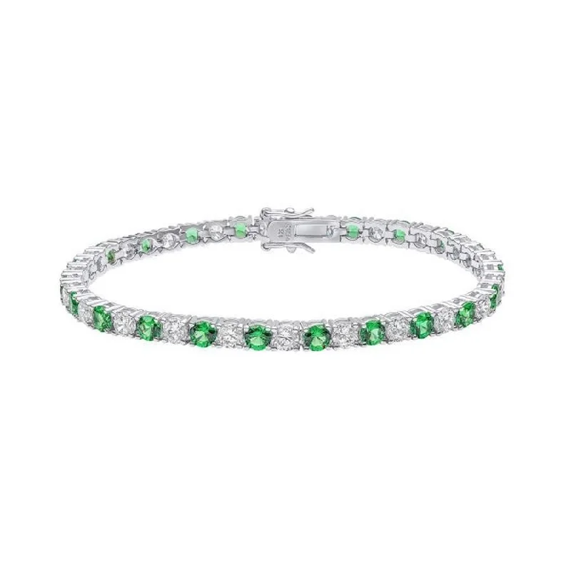 Natural Stone Bracelets-Silver Green & White Cubic Zirconia Tennis Bracelet