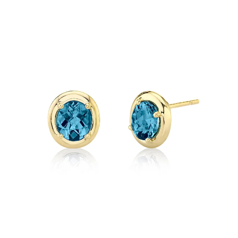 Elegant Gold Hoop Earrings-14K Yellow Gold Checkerboard Cut London Blue Topaz Stud Earrings