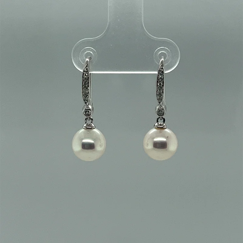 Silver Dangle Earrings-Fresh Water White Pearl and Diamond Dangle Earrings