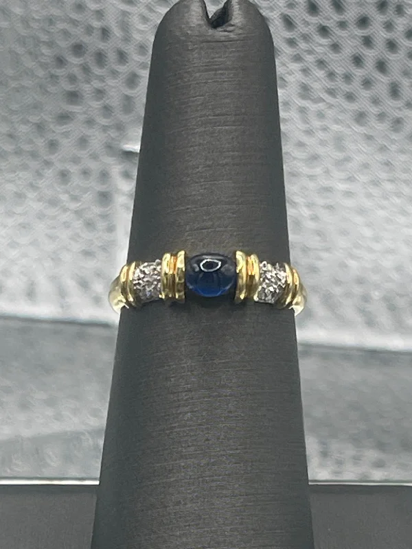 Engagement Rings for Women-Ladies 14 Karat Solid Yellow Gold Cabochon Blue Sapphire And Diamond Ring