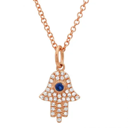 Trendy Necklaces-14K Rose Gold Diamond + Sapphire Hamsa/evil eye Necklace