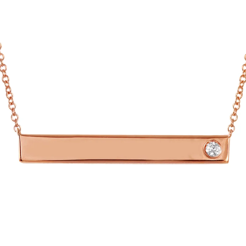 Beaded Necklaces-14K Rose Gold Engraveable ID Plate Diamond Necklace