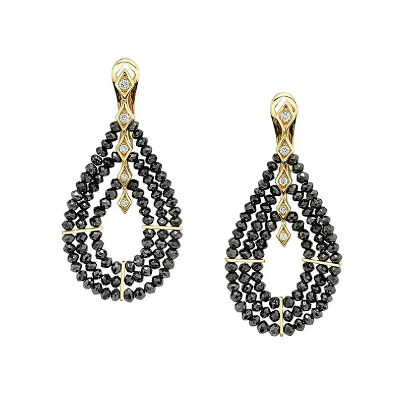 Bridal Earrings-Black Diamond Beads and Diamond 3 Row Teardrop Earrings