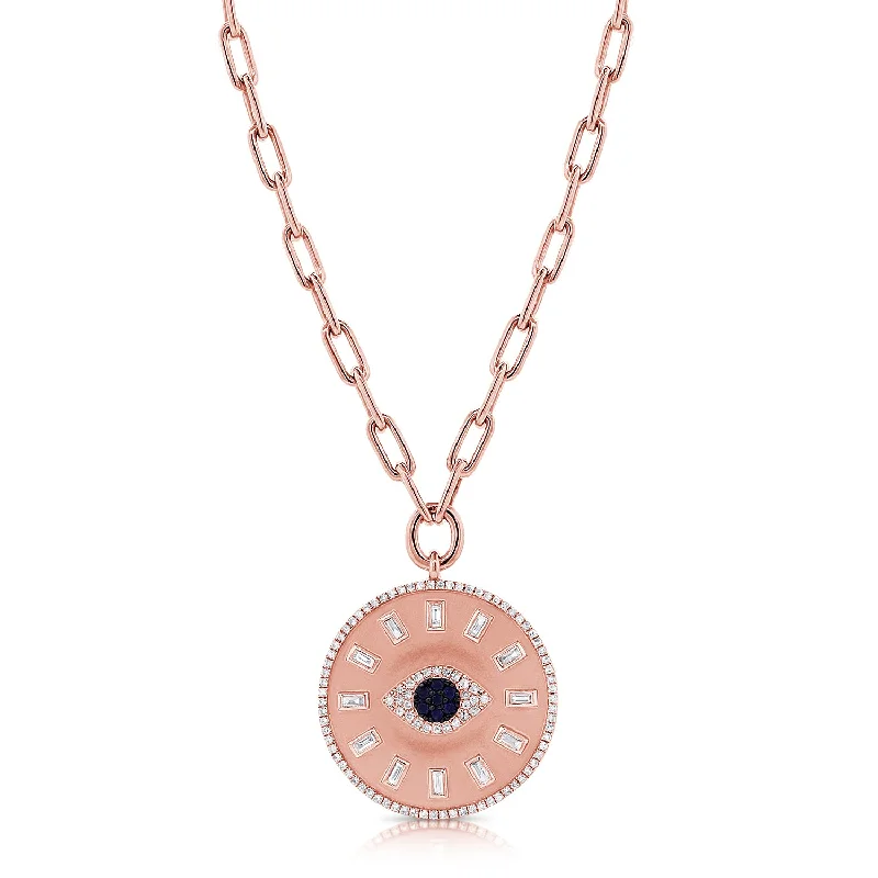 Round Necklaces-14K Rose Gold Diamond + Sapphire Evil Eye Coin Necklace