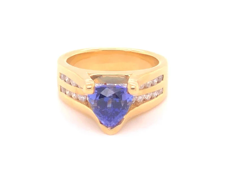 Garnet Rings-Blue Purple Trilliant Tanzanite and Diamond Ring-18k Yellow Gold