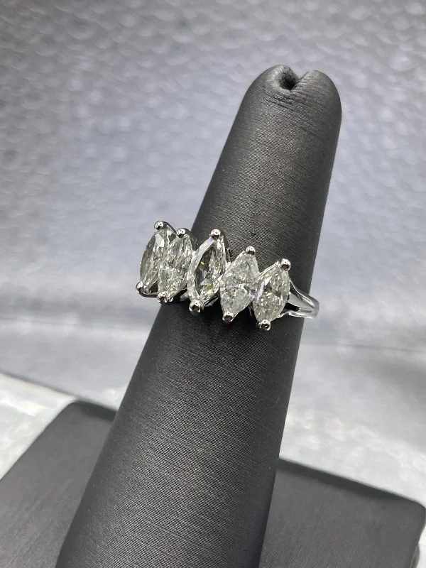 Adjustable Silver Rings-Ladies Magnificent 14 Karat White Gold Marquise Diamond Ring