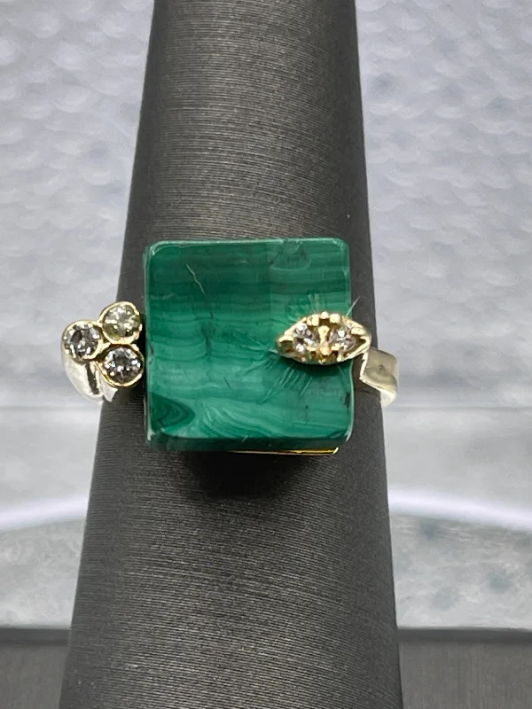 Women's Rings-Ladies 14 Karat Yellow Gold Diamond & Green Malachite Ring