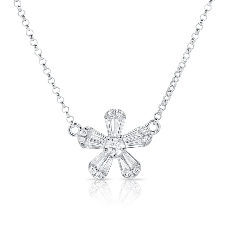 Chunky Silver Necklaces-14K White Gold Diamond Petite Flower Necklace