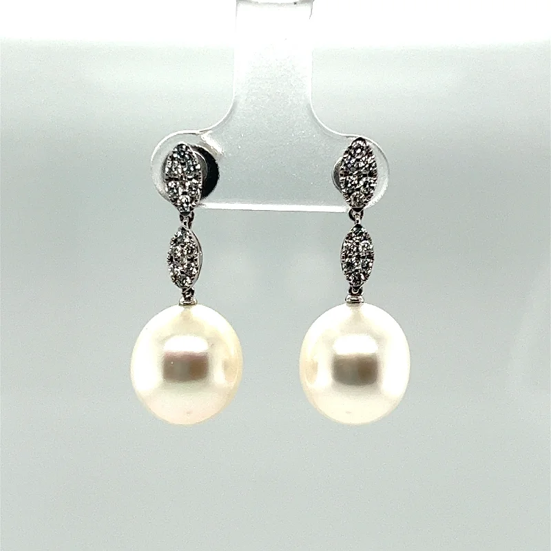 Wedding Earrings-White South Sea Pearl and Diamond Dangle Earrings