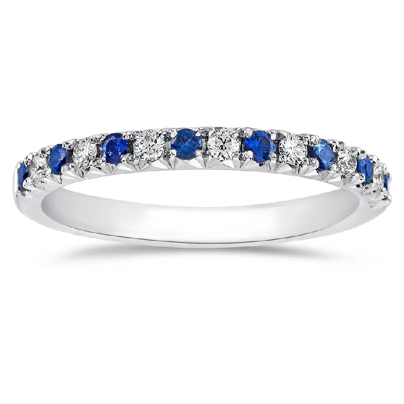 Gemstone Engagement Rings-Sapphire & Diamond Prong Set French Cut White Gold Wedding Band Ring 14K